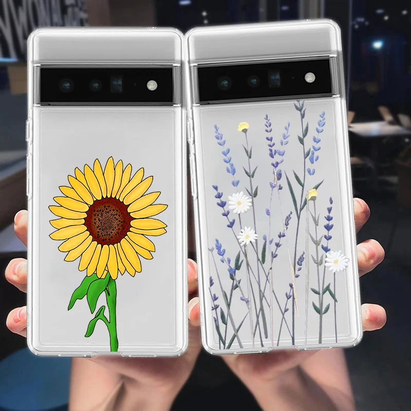 sunflower Lavender Purple Flower Phone Case For Google Pixel 8 7 6 Pro 6A 5 4 5A 4A 3A XL 5G Silicone Shockproof TPU Clear Cover