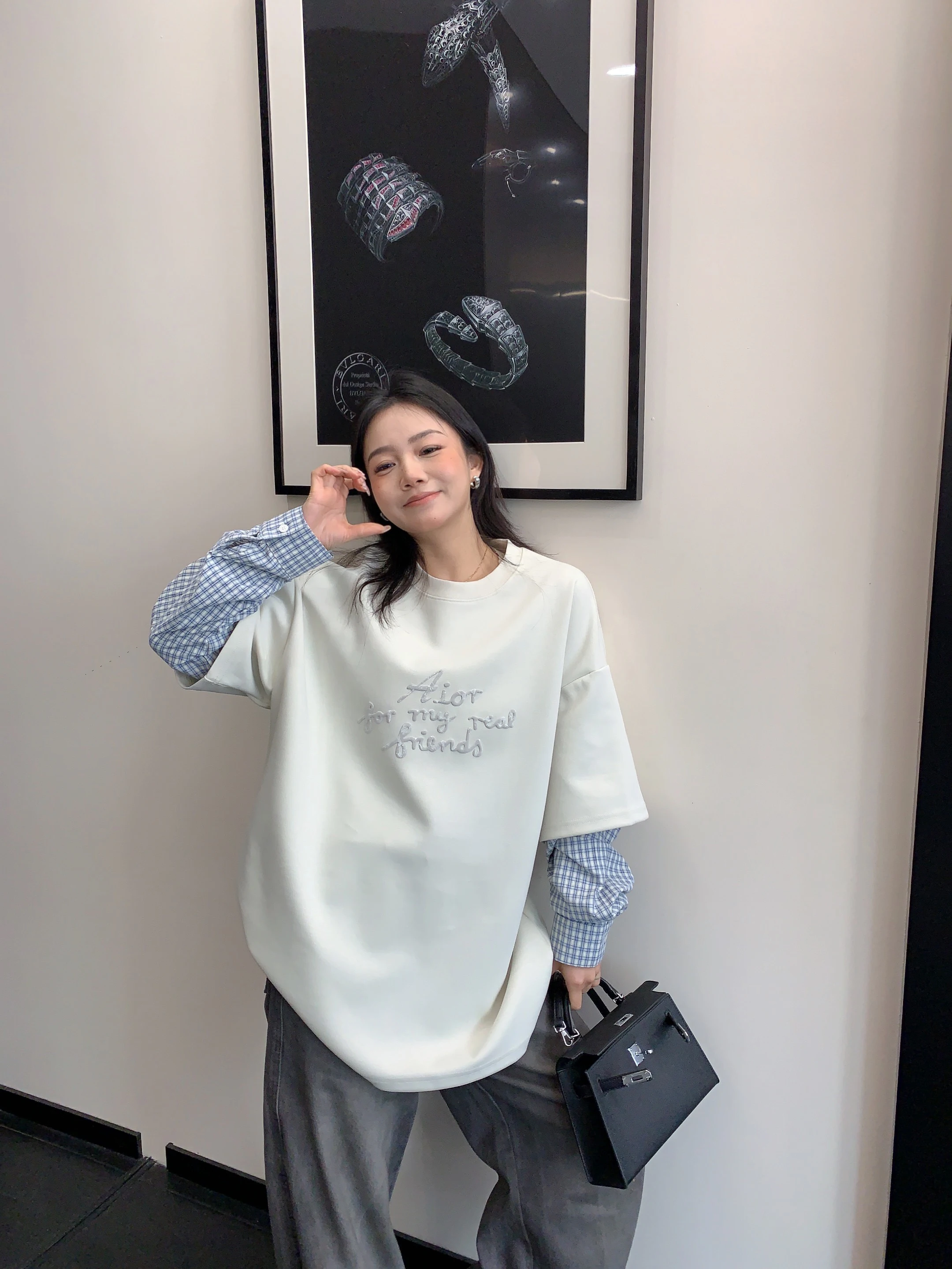 

Spring American Retro Splice Long Sleeve T-Shirt Women's Lazy High-End Feeling Casual Loose Sweatshirt Trendy Polyester Cotto...
