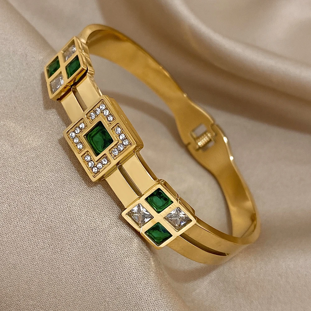 Greatera Inlaid White Green Square Zircon Stainless Steel Cuff Bracelet Bangle for Women Gold Plated Waterproof Party Jewelry