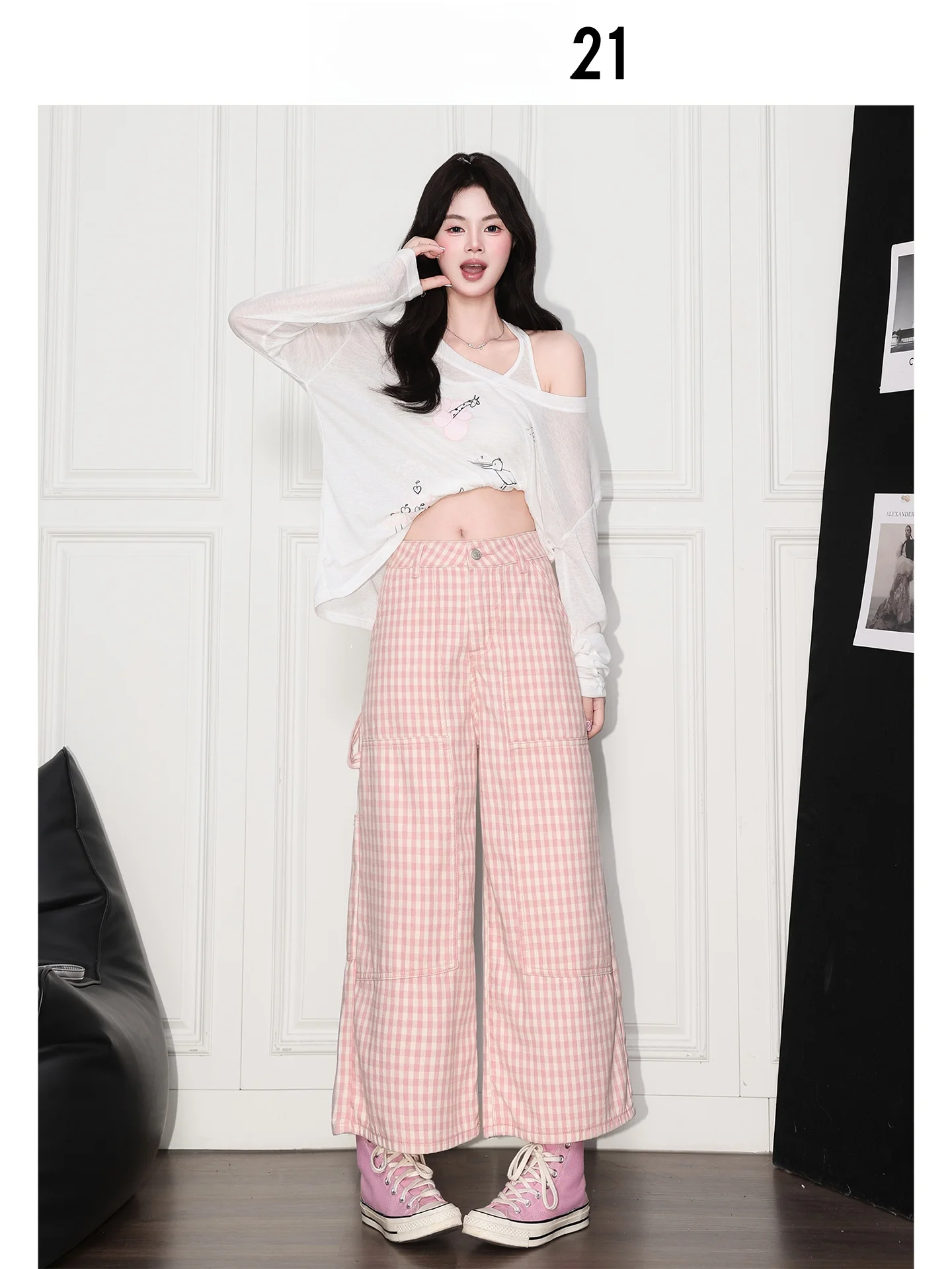 Forever 21 Jeans de mezclilla rosa a cuadros, estilo dulce y moderno, de pierna ancha, para mujer, holgados, de cintura alta, rectos, de nueve puntos, casuales, estilo americano.