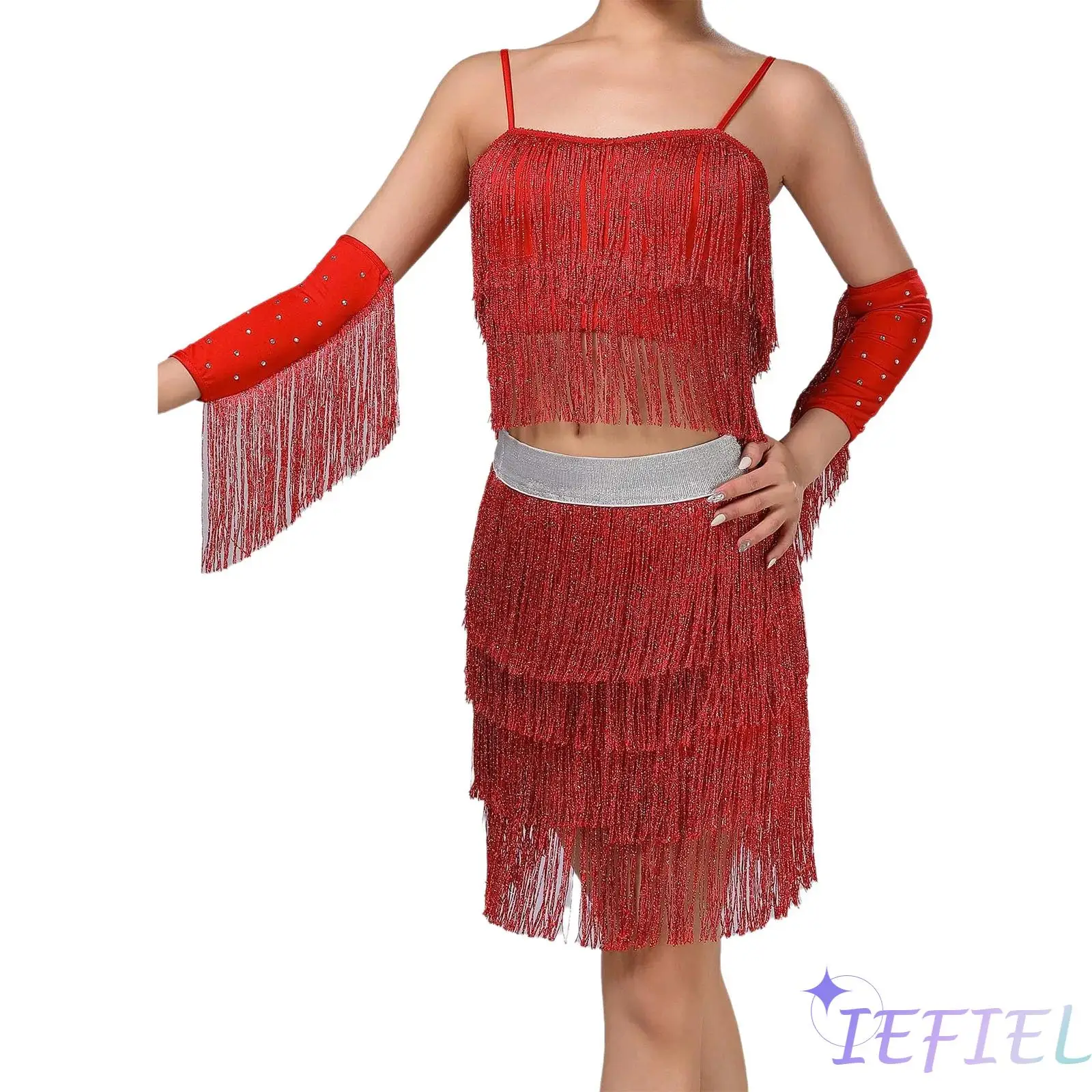 

Women Latin Chacha Tiered Tassel Dance Costume Cropped Camisole Detachable Sleeves And High Waist Skirt Ballroom Tango Dancewear