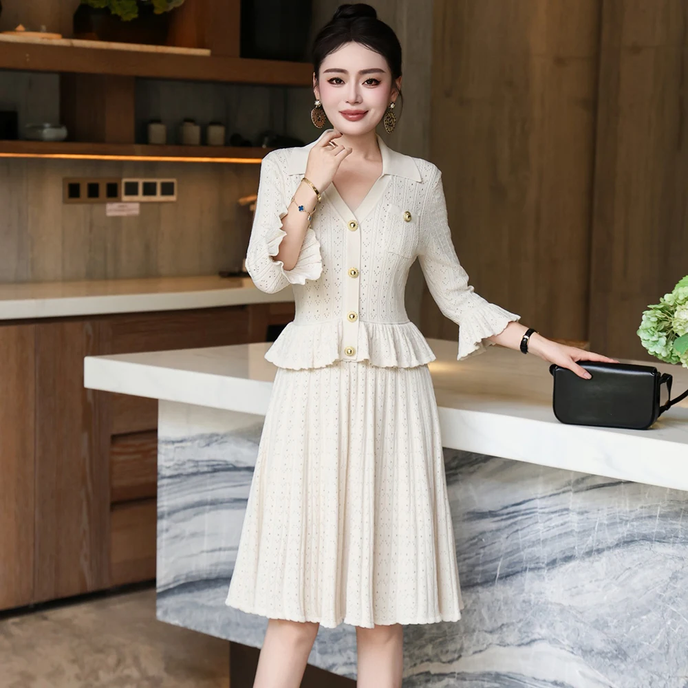 

ZJYT New Autumn Women's Flare Sleeve Knitting Sweater Dresses 2025 Elegant V Neck Ruffles Patchwork Short Party Dress Black