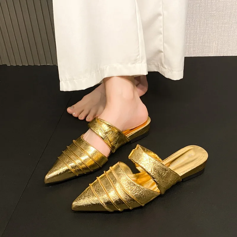 

Women's Summer Luxury Pointed Toe 2026 Elegant New Fashionable Casual Fold Embellishment Sandals Women Comfortable Slippers