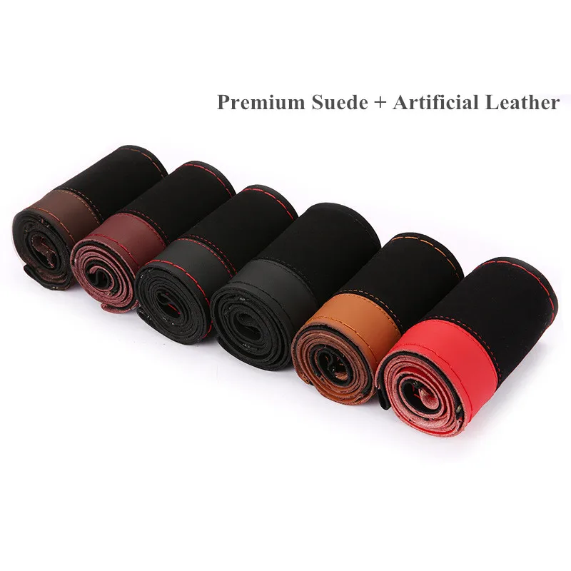 GNUPME Suede Leather Car Steering Wheel Covers Universal Anti-slip braid on the steering-wheel Protector Stitching color