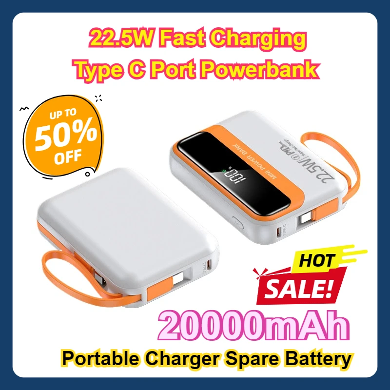 

For IPhone 15 Samsung Portable Charger Spare Battery 20000mAh Mini Power Bank 22.5W Fast Charging Type C Port Powerbank