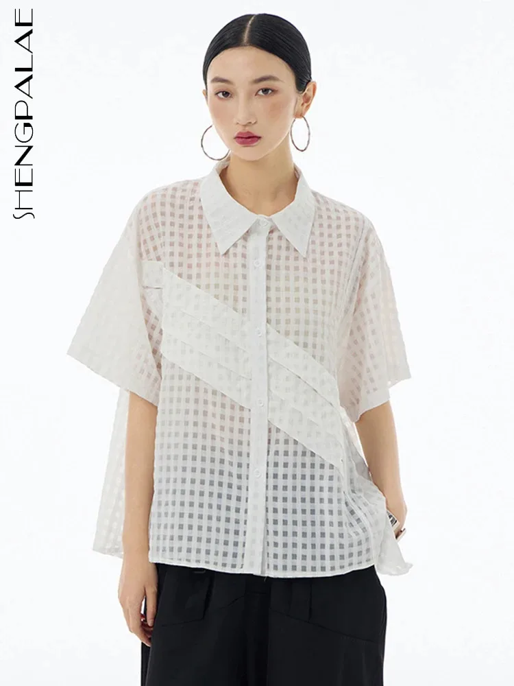 

SHENGPALAE Women White Mesh Perspective Loose Blouse New Lapel Short Sleeve Shirt Fashion Tide Top 2024 Summer Clothes 1DH6135