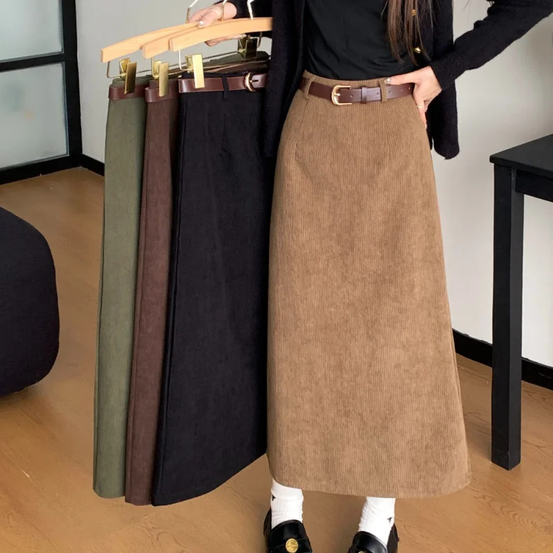 

New High-waist Retro Corduroy Skirt Covering Hips Straight A-line Mid-length Rear Slit Hip-pack Skirt No belt included