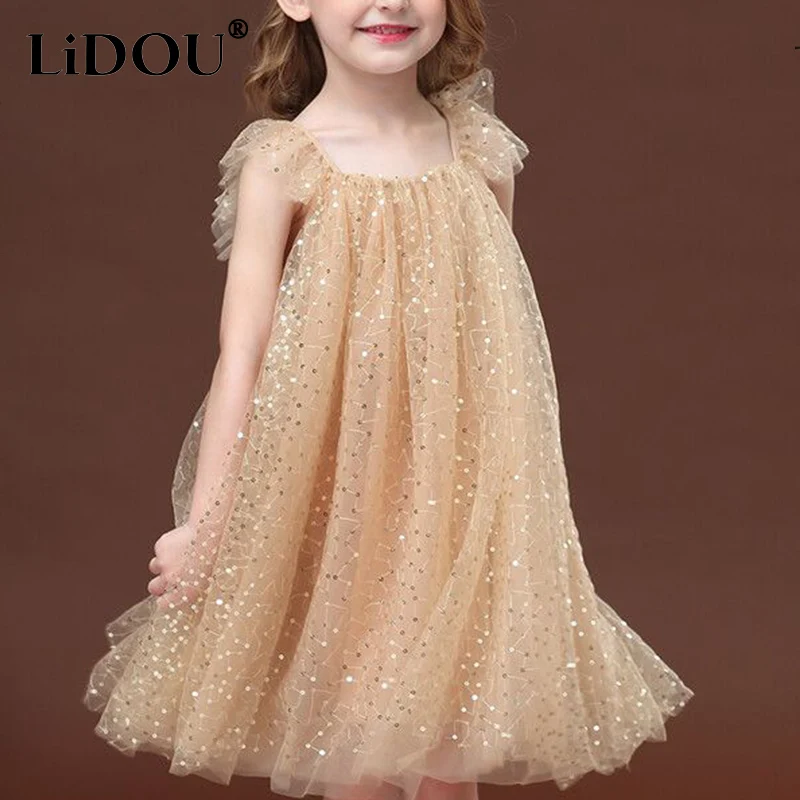 2023 New Korean Fashion Aesthetic Elegant Dress Creative Chic Vintage Kawaii Sleeveless Solid Color Children Girls Clothes