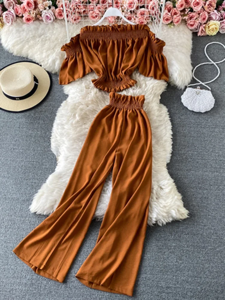 

Summer Women's Suit Korean Solid Color Short-collar Short Top + High-waist Elastic Waist Pants Two-piece New Female Sets LH598