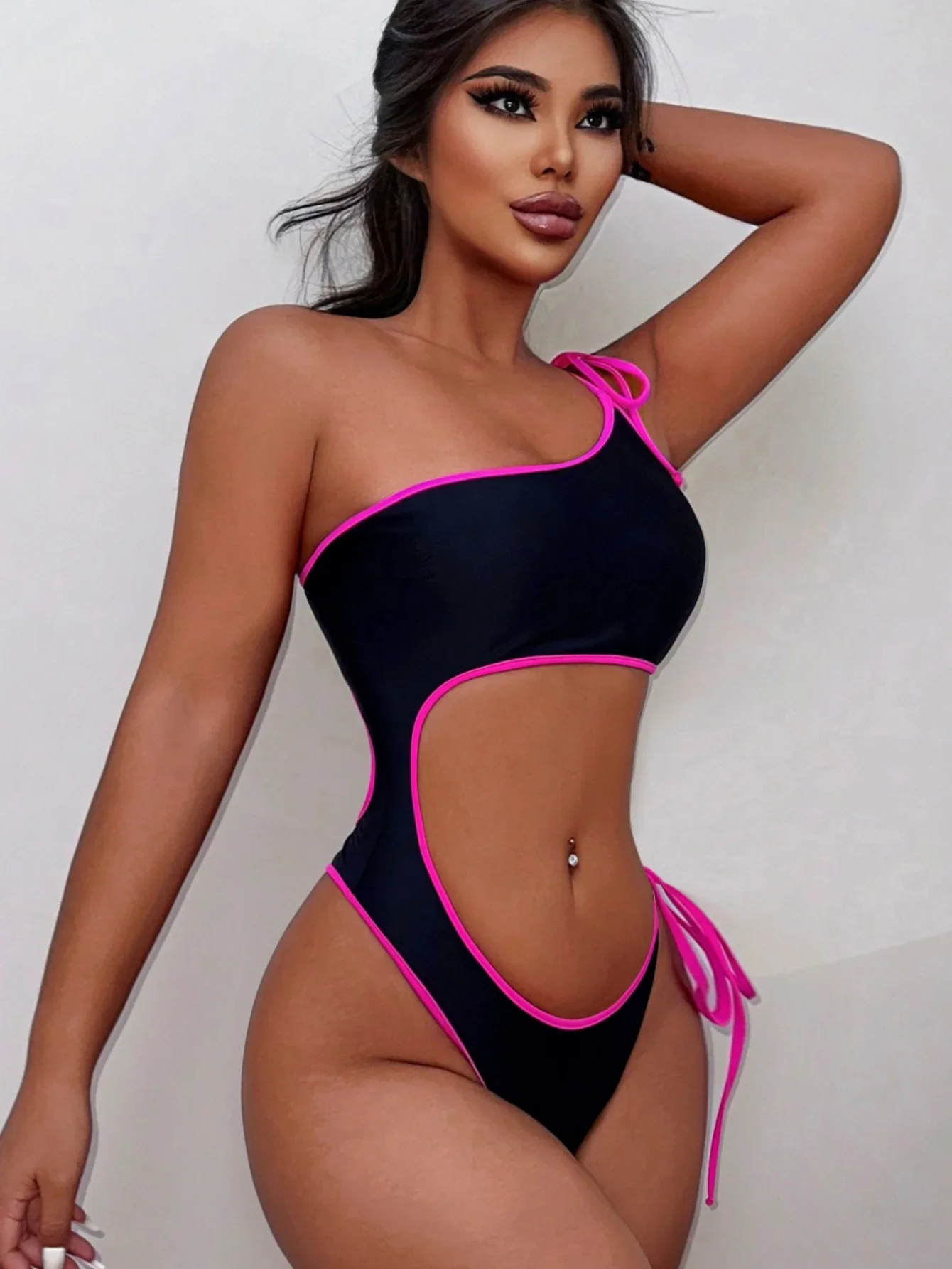 

Sexy Black One Piece Swimsuit Women Single Shoulder Rose Red Bandage Lace-up Bikini Monokini Drawstring Thong Swimwear 2024 New