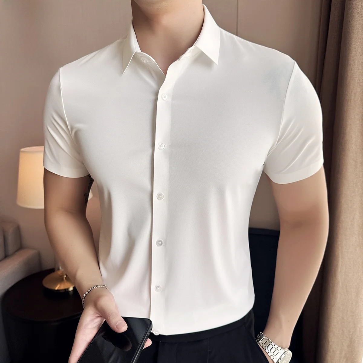 

Men's White Linen ort Sve irt Summer Thin Loose Casual f Sve irt Faionable Youth lin No Iron Trea...