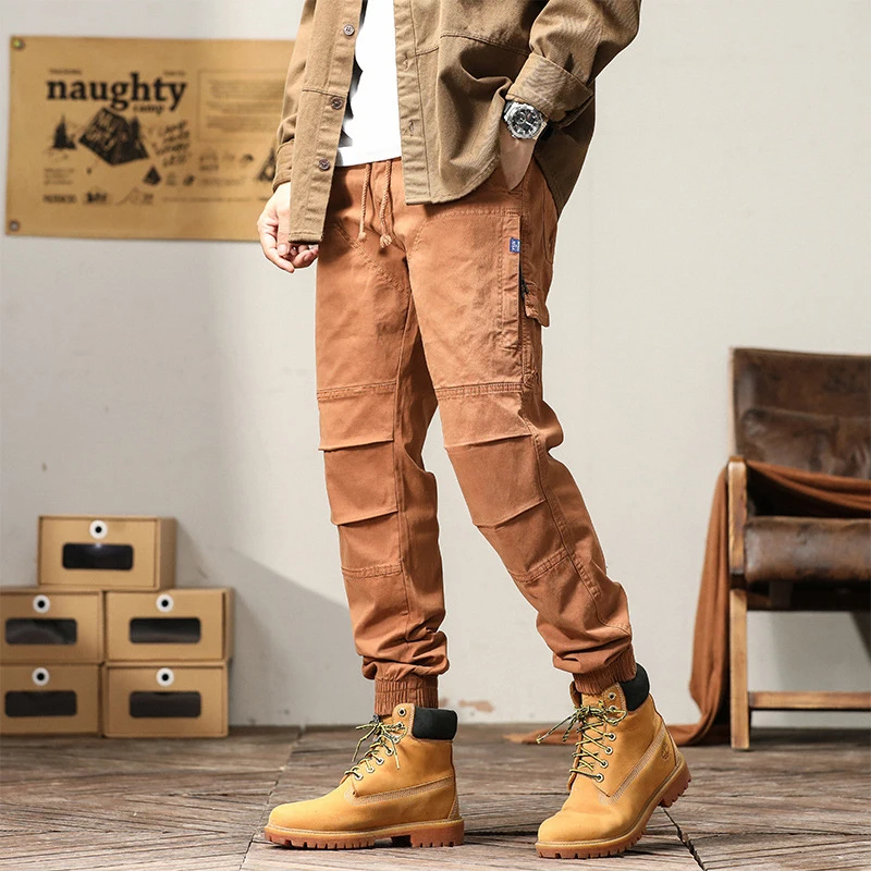 

Men's Retro Solid Color Cotton Work Pants for Autumn Winter Durable Casual Trousers with Multiple Pockets