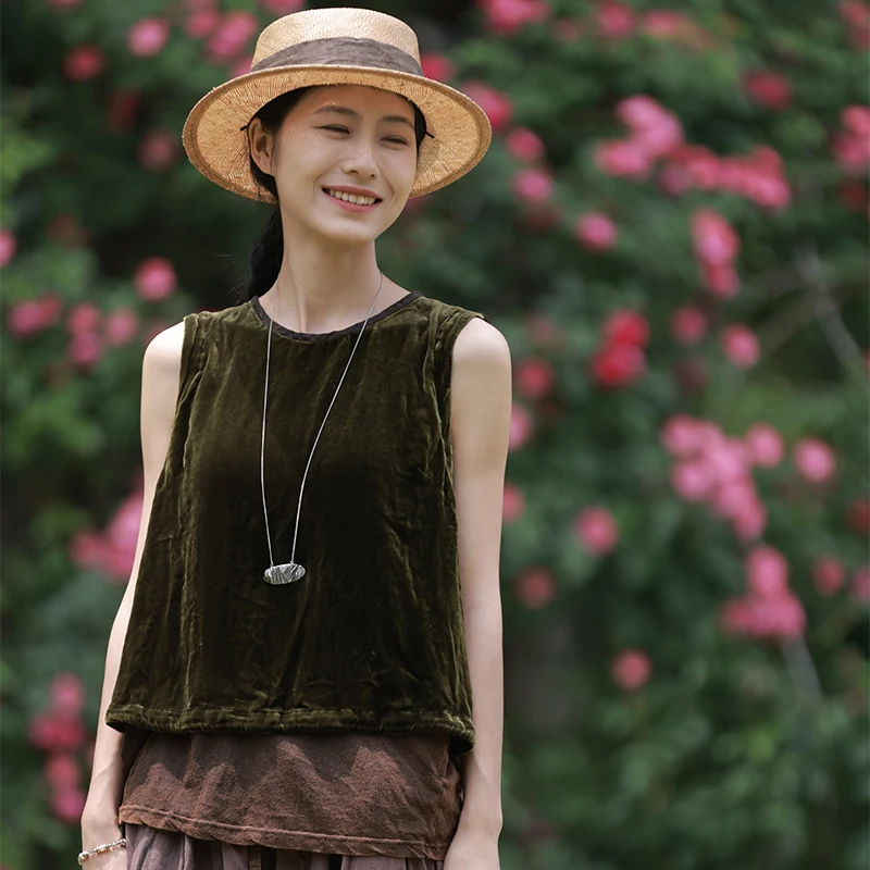 

Turn Blue Original Design Summer New Velvet Silk Svel Pullover Vest Versatile Vintage Match All Loose Sle Button Embe...