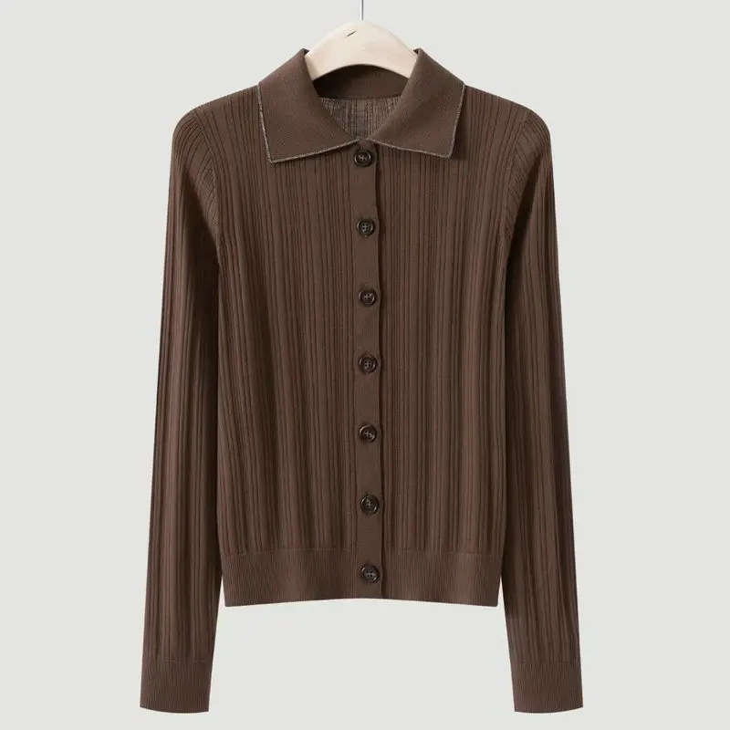 Women's Autumn Long-Sleeve Wool-Blend Cardigan with Collar and Beaded Chain Detail