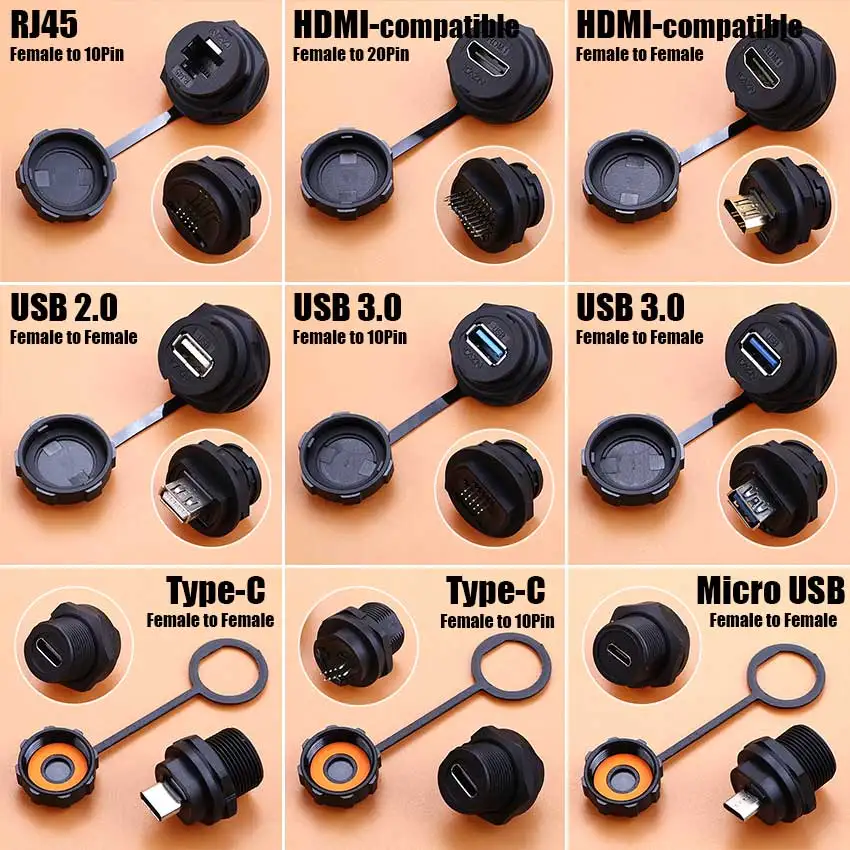 D Type Waterproof Chassis Connector USB Micro Type-C HDMI-compatible Female Converter Socket Panel Mount DIY Jack W/ Dust Cover