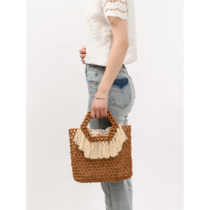 Beige Beaded Woven Tote Bag with Tassel, Hollow Out Summer Beach Handbag, Bohemian Style Top Handle Purse for Women