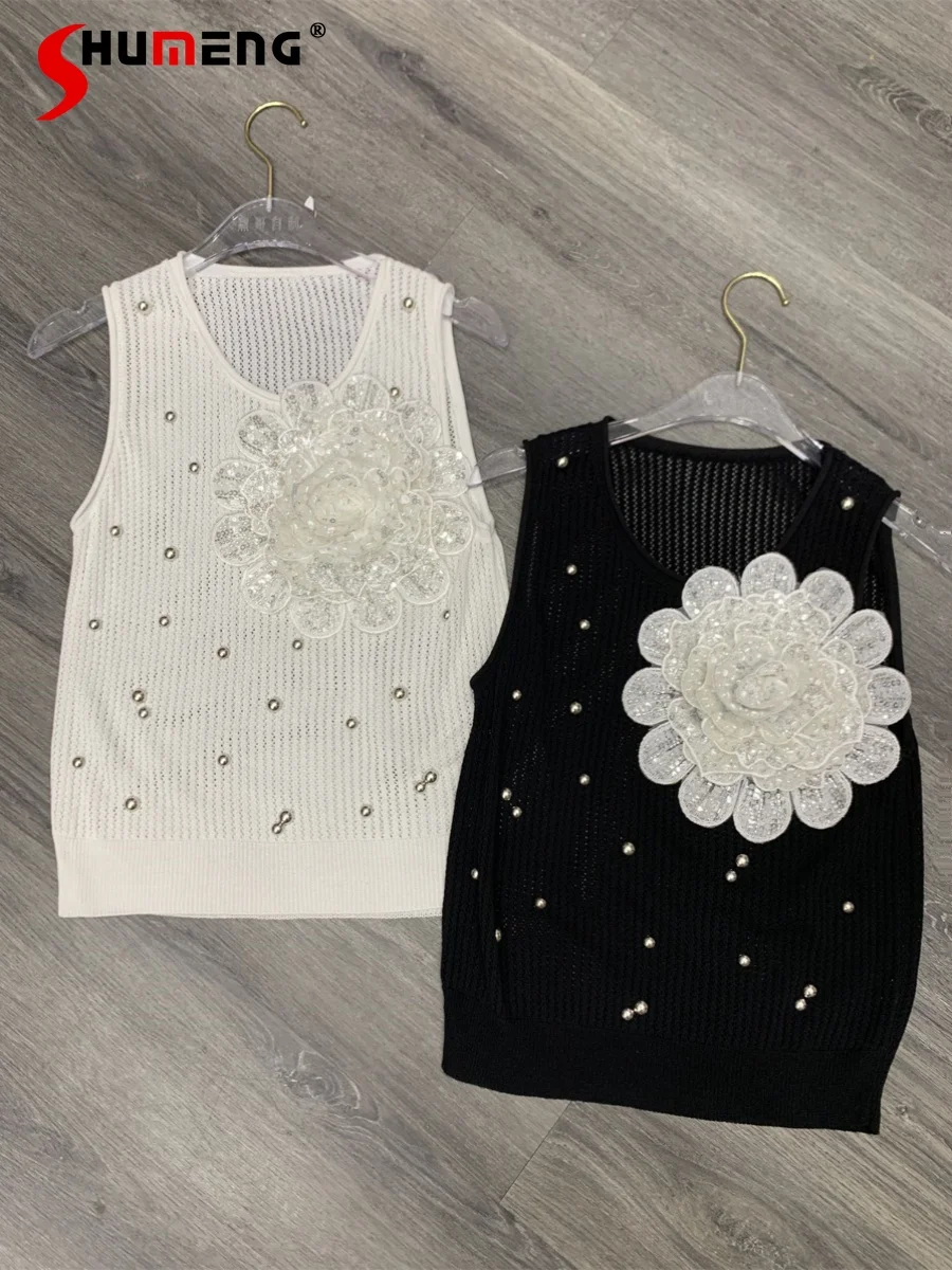 

2024 Summer New Feminine Unique Three-Dimensional Large Flower Sequin Bead Knitwears Sleeveless Knitted Women's Camisole Tops