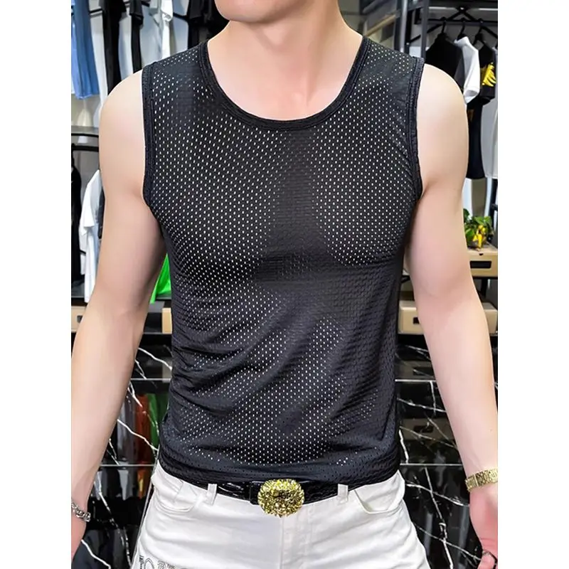 

Жилет из ледяного шелка Me, мужская летняя тонкая дышащая спортивная футболка с широкими плечами, свободная посадка, круглая ...