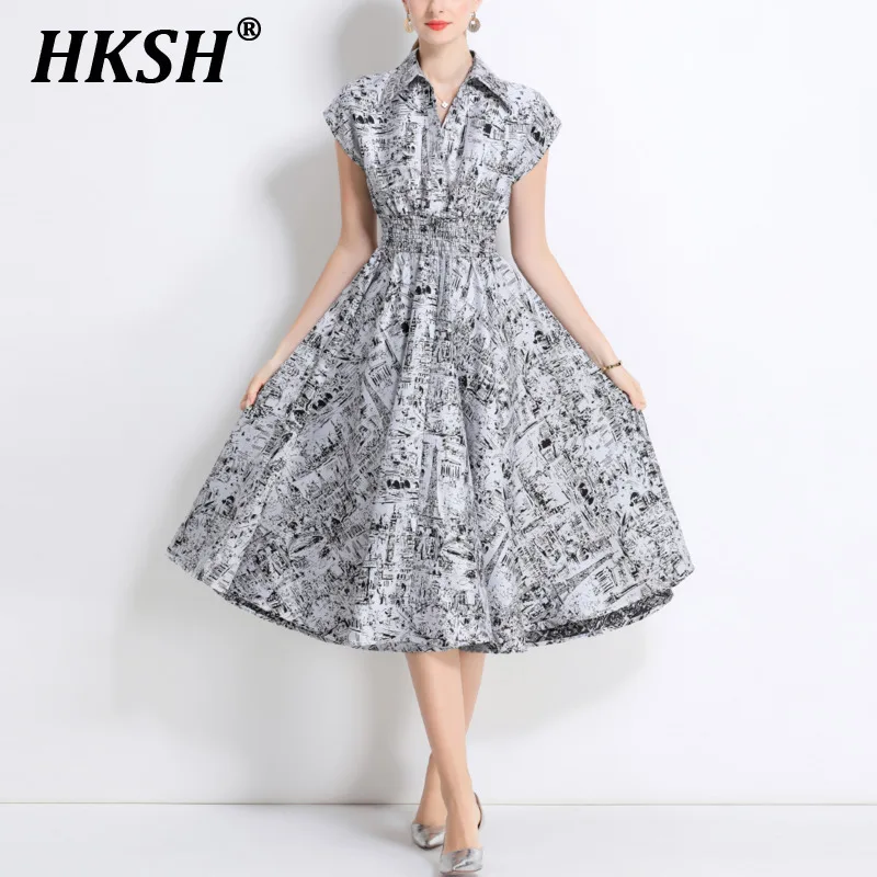 

HKSH Summer New Women Chic Elegant High Street Short Sleeve Turn-down Collar Waist Cinching Draped High-End Printed Dress HK6339