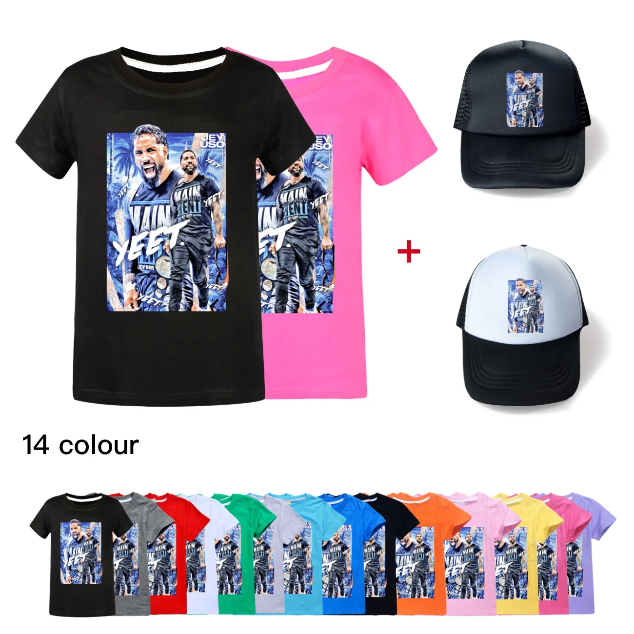 New Wrestler Jey Uso T Shirt Children Kawaii Cartoon 3D T-shirt For Boys Girls Kids Clothing Unisex Short Sleeves+sun hat3952