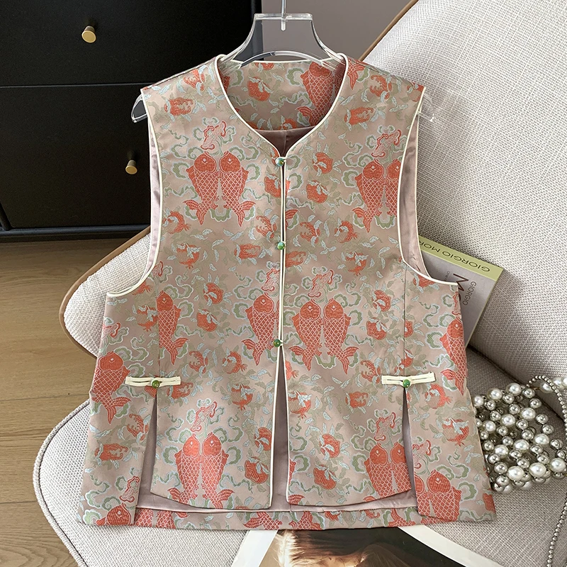 

New Chinese Style National Ethnic Retro Embroidered Buttoned Tapestry Weaving Gold Thread Vest Open Cardigan Outerwear