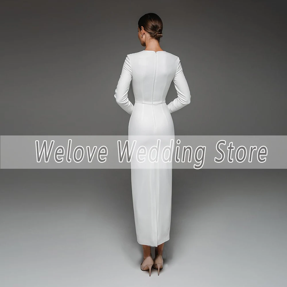 Simple White Wedding Long Sleeve O-Neck Ankle Length Civil Bridal Gown For Bride Zipper Sheath Mono Muslim Vestido De Novia 2024