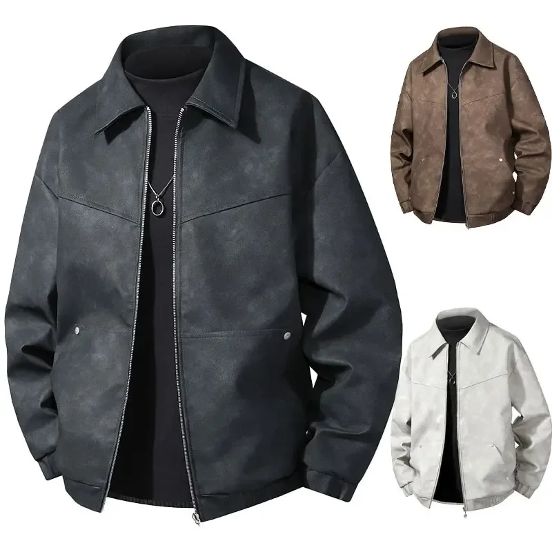 

LIBIELIY Ailegogo Streetwear Men Retro Loose Pu Faux Leather Jacket Zipper Coat Vintage Moto Biker Outwear Patagonia Ja