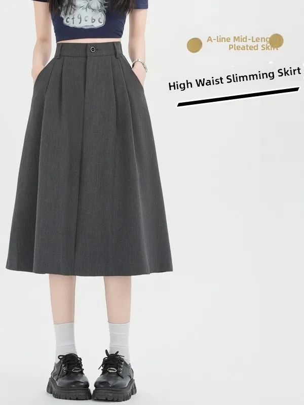 

Серая плиссированная юбка миди А-силуэта с завышенной талией в деловом стиле, женская, весна 2026, новая, маленький размер, утягивающая, средней длины