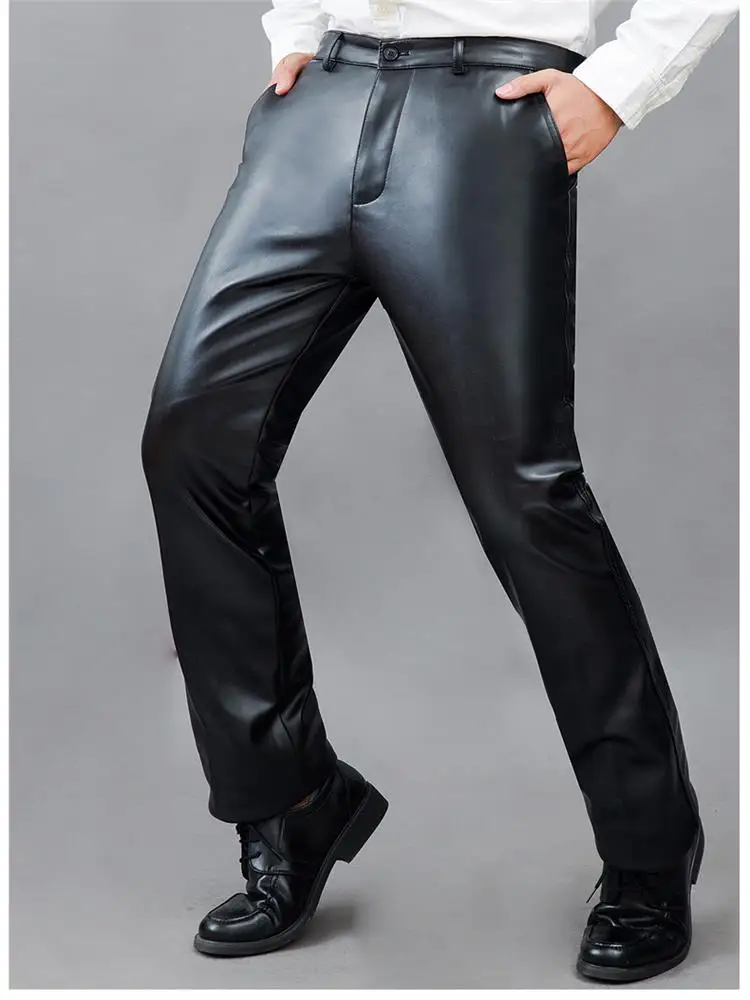 Men's Leather Pants Autumn And Winter Double Fleece Middle-Aged And Elderly Leather Pants Dirt And Windproof Long Pants