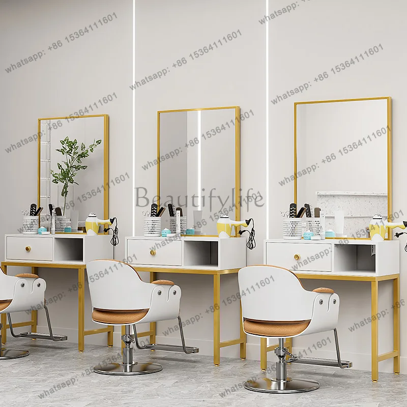 free punching Internet celebrity LED light haircut mirror special beauty salon mirror table rack integrated tool table