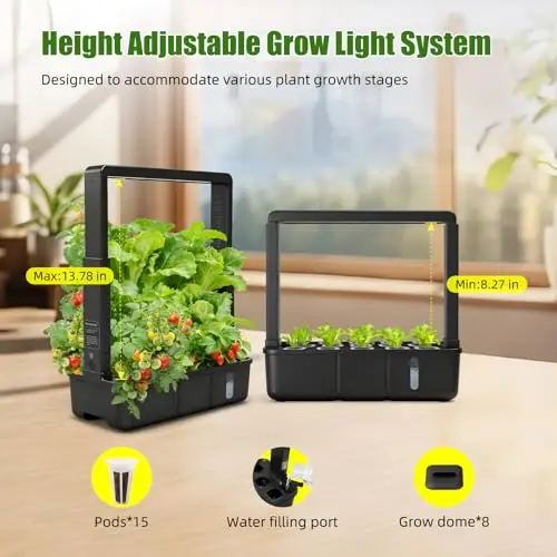 

15-Pod Indoor Hydroponic Smart Garden With Adjustable LED Grow Light Frame, Auto Timer, Quiet Water Pump, And 15 Growing Pods