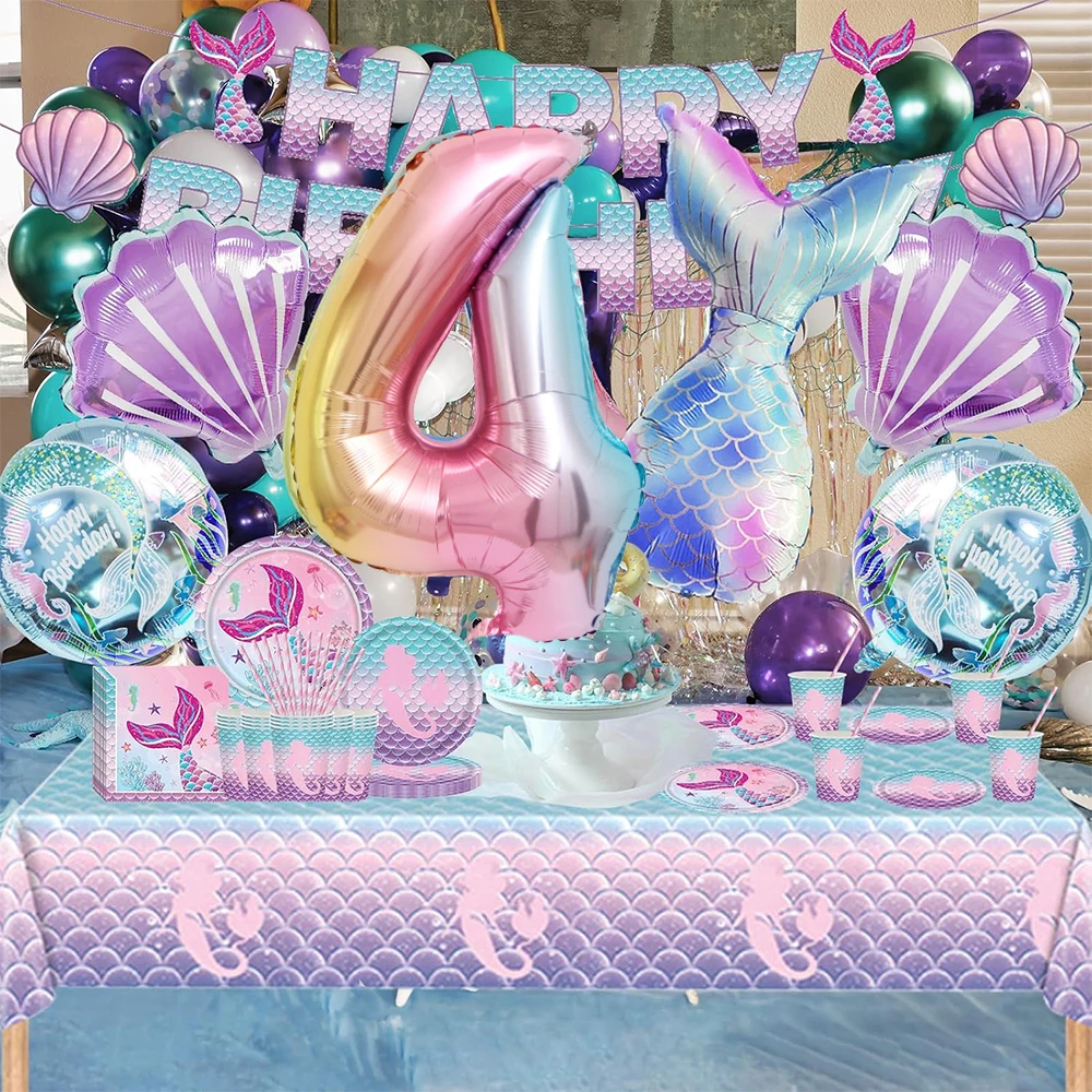 Meerjungfrau Geburtstag Party Dekoration Geschirr Teller Servietten Anzahl Folien Ballons Mädchen Geburtstag Party Dekore Baby Dusche Liefert – Detail 11