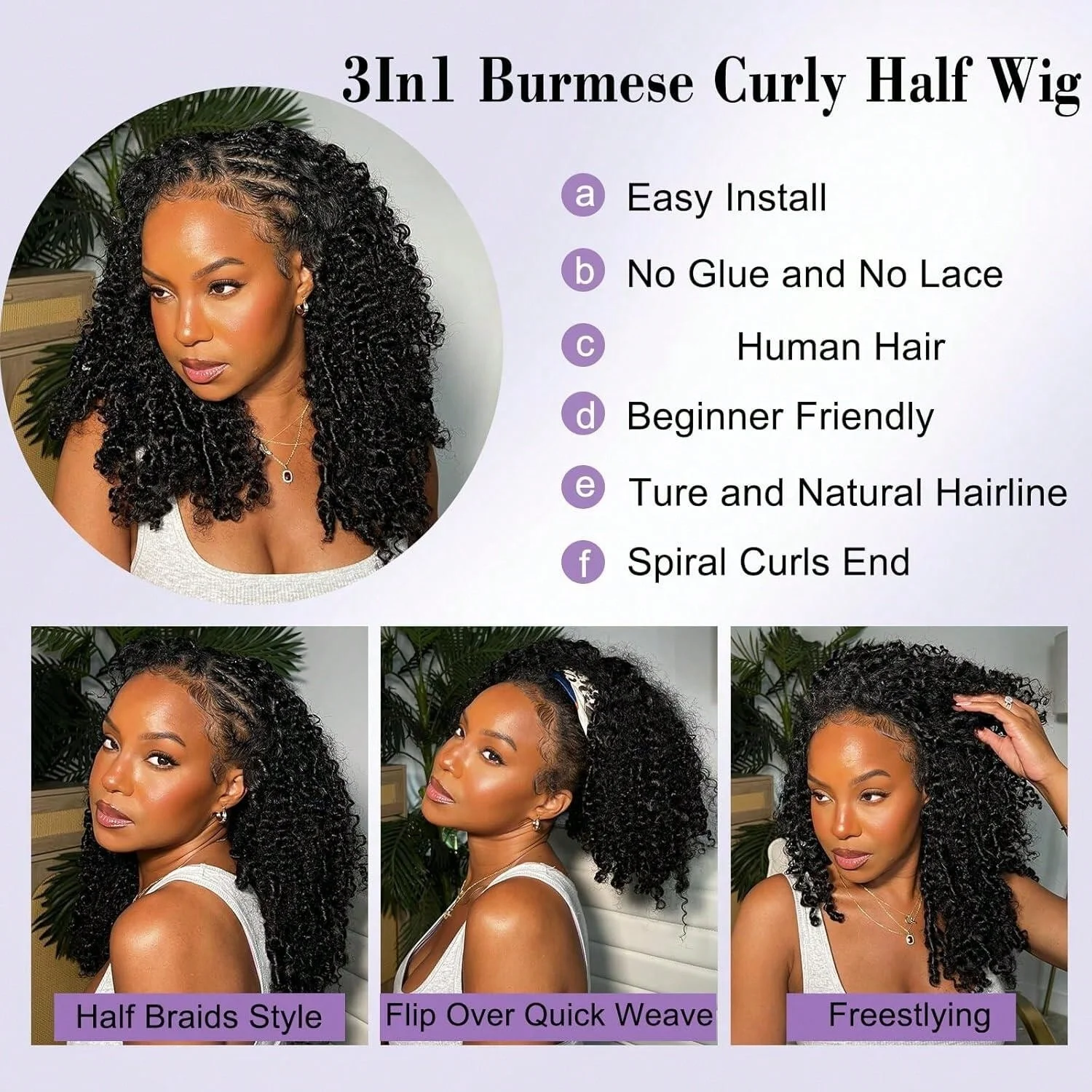 Kinky Curly Half Wig Human Hair 3 IN 1 Glueless Wear and Go Half Wig Human Hair With Drawstring Seamless Clip Ins Flip Over 38In