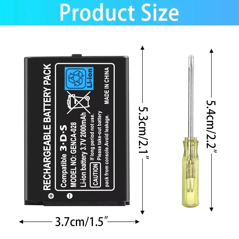 3.7V 2000mAh Rechargeable Li-ion Battery Pack Replacement Battery for Nintendo 3DS Batteries with Screwdriver