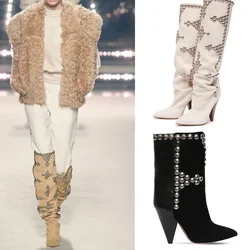 European and American Autumn and Winter Rivet High Heels Pointed Loose Boots Women's Cowhide Knee High Sleeve Oversized Boots