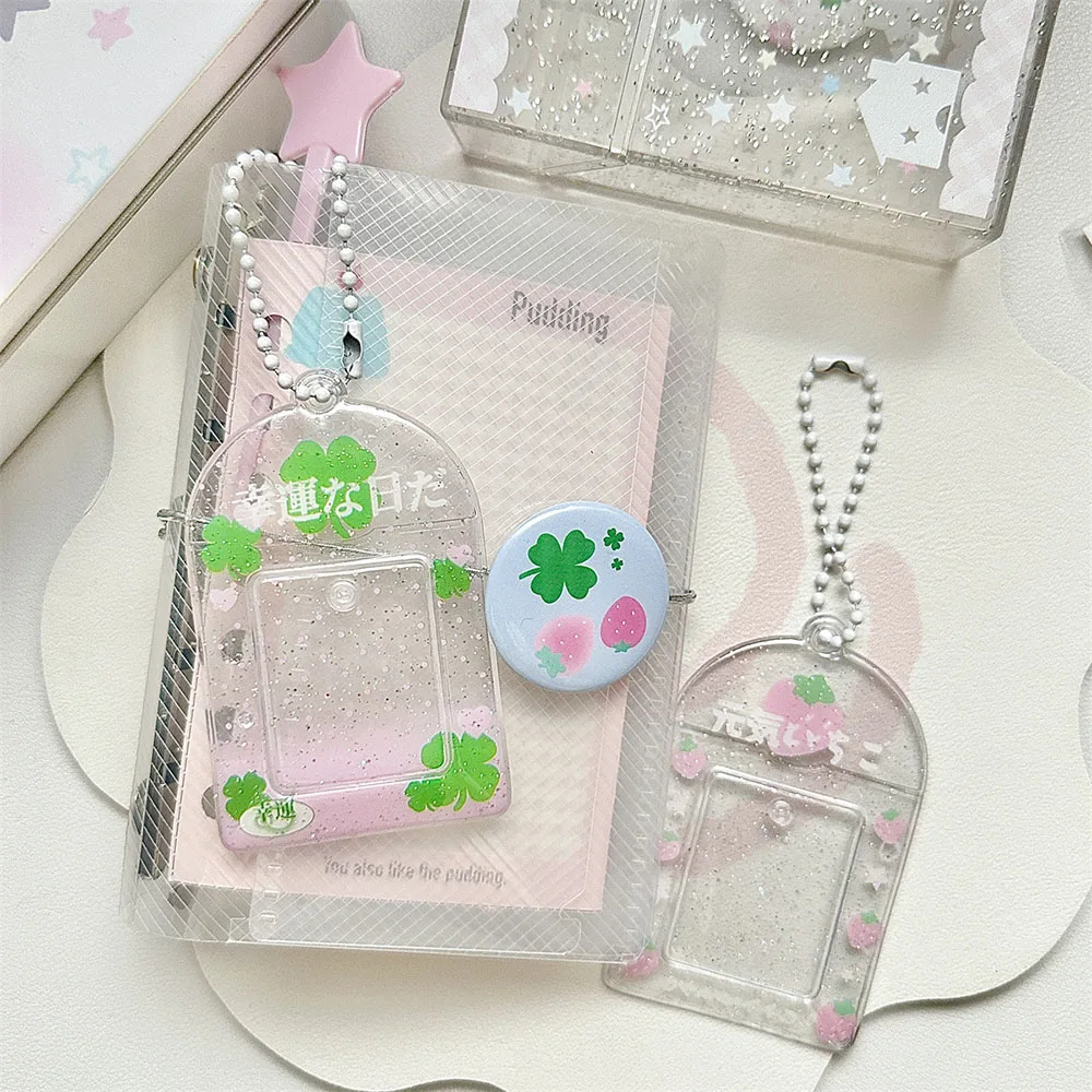 INS Glitter 2 inch ID Photo Sleeves Transparent Photocard Holder Keychain Bag Pendant Sweet Strawberry Mini Photo Card Holder