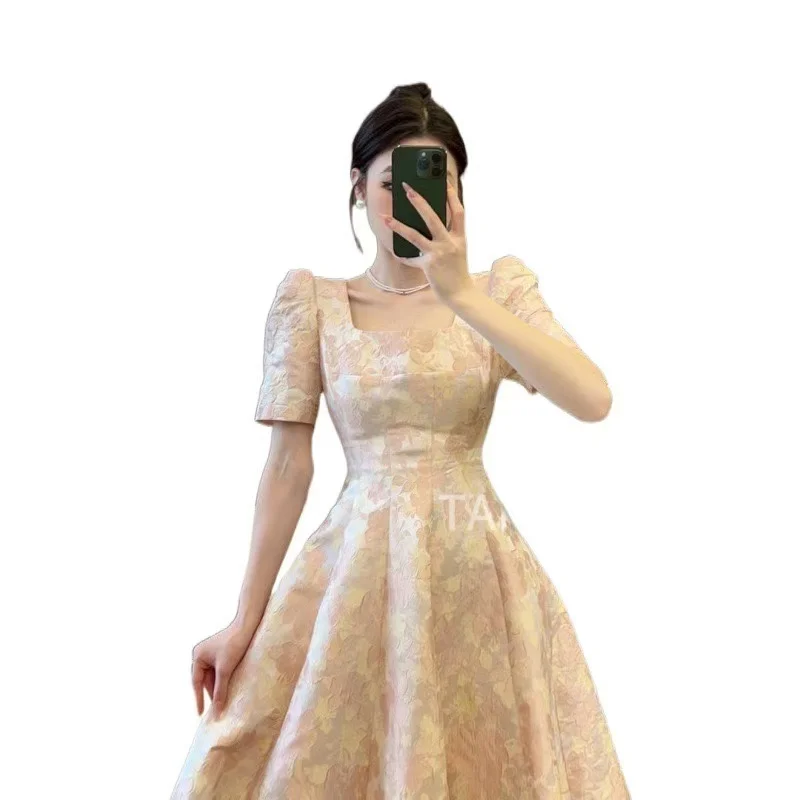 Pink Floral Long Dresses Spring Summer Puff Sleeve Vintage French Style Vestidos Mujer Elegant Sweet Women Dress