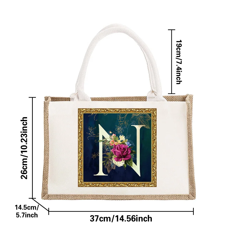 Flower Letter Series Printed Pattern Environmentally Friendly Linen Shoulder Bag  Jute Imitation Linen Bags White Shopping Bag