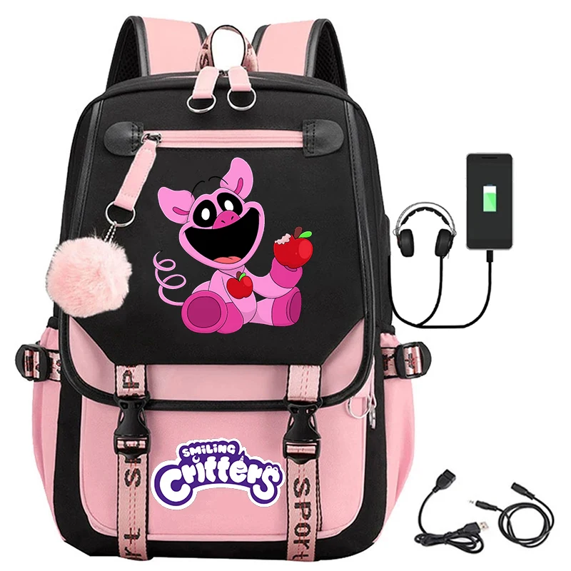 

Fashion Smiling Critters Cartoon Print School Bags Usb Charge Backpack for Teenage Girls Hight Quality Bookbag Women Laptop Bags