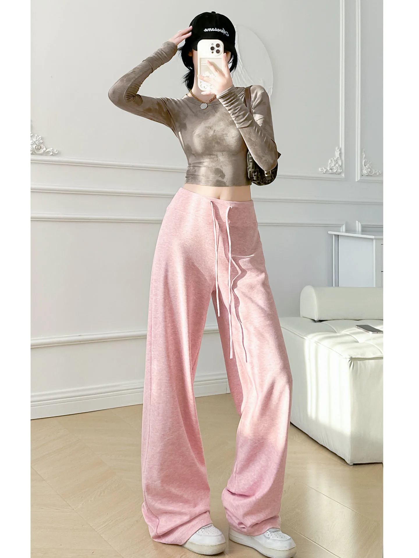 Pantaloni a gamba larga Dstring a vita alta Pantaloni fitn da yoga larghi casual da donna Pantaloni a gamba dritta lunghi fino al pavimento