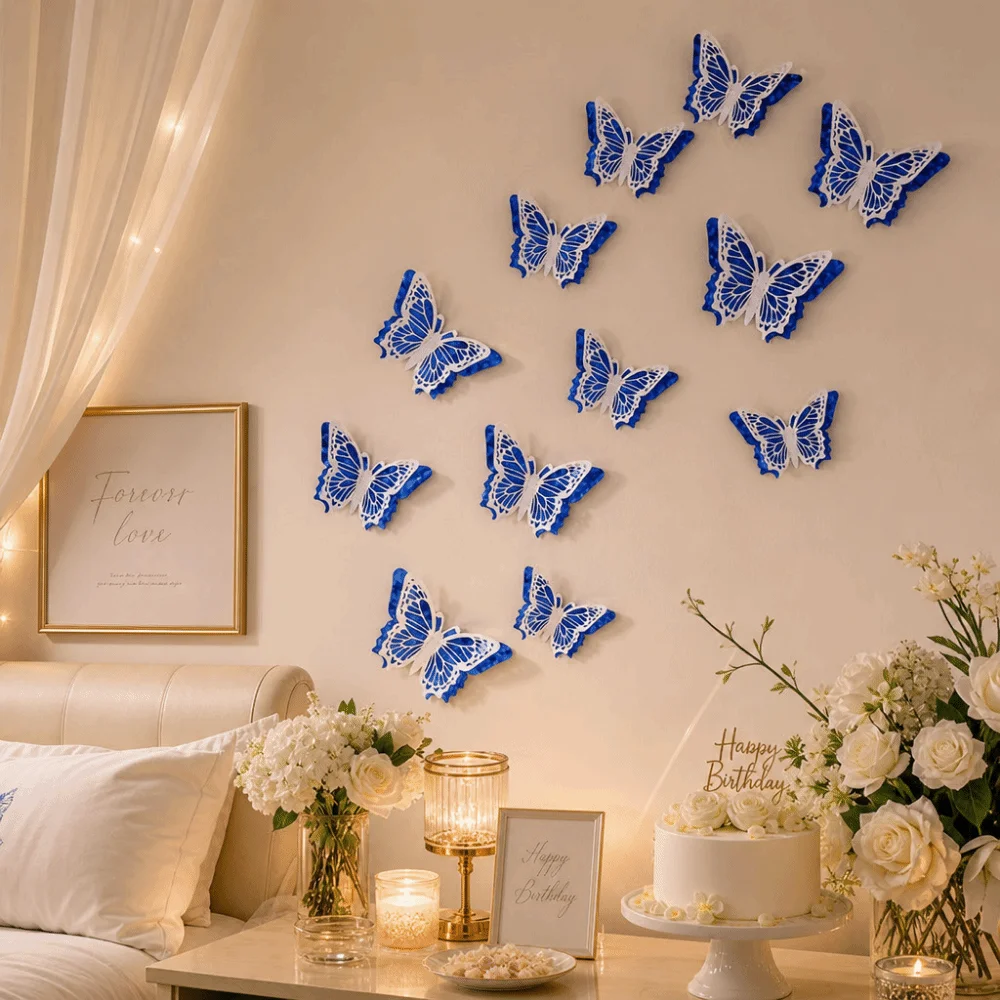12 Pcs Colorful 3D Butterfly Wall Stickers Hollow Glitter Wings Butterfly-Shaped Wall Decor Fairy Patchwork