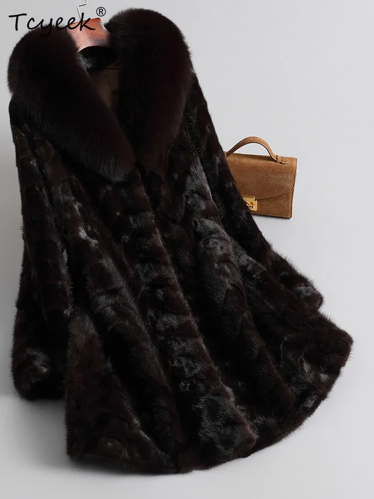 Tcyeek 100 % Nerz Pelzmantel Frauen Winter Kleidung Fuchs Pelz Kragen Damen Mäntel Mode Neu in Mäntel 2025 Mid-länge Fourrure Femme