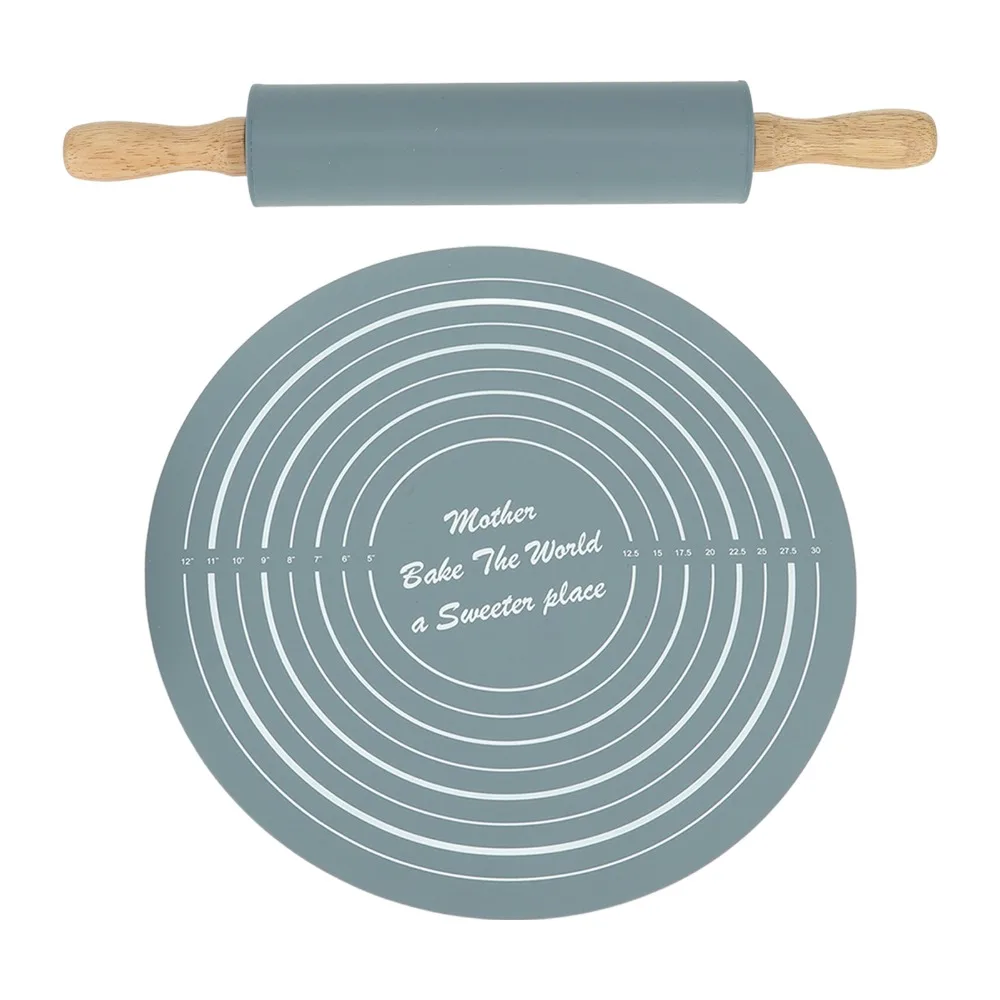 2PCS Silicone Silicone Rolling Pin Round Mat Non Stick Kneading Pad Easy Cleaning Concentric Rings Rolling Pin Set Pizza Making