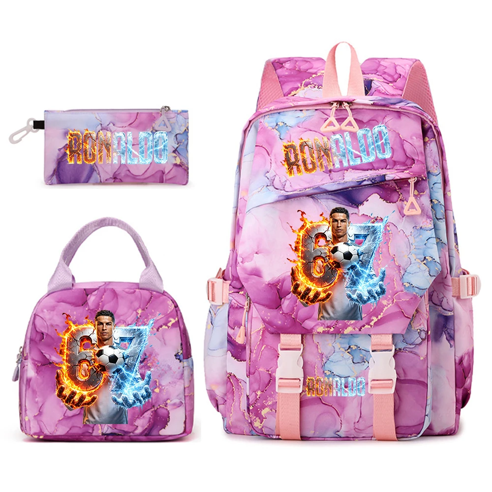 Cr7 Ronaldo 67 Juego de mochila escolar con estampado para estudiantes, con bolsa para el almuerzo, estuche para lápices, mochila de viaje escolar para adolescentes y niñas