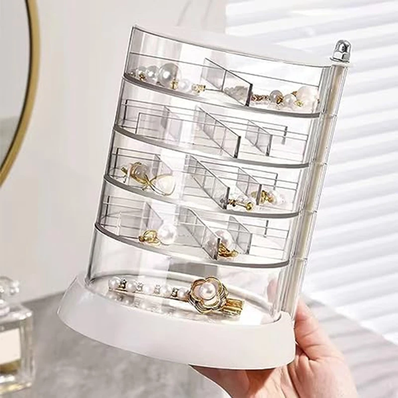 Rotable Clear Earring Organizer Box 5 Layers Jewelry Organizer Storage Box Hair Tie Container Holder Different Size White