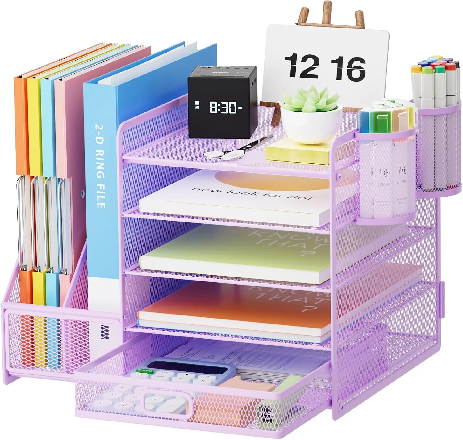 5-Tier Paper Alphabet Tray Organizer with Drawer and 2 Pen Holders, Mesh Desktop Organizer with Magazine Holder