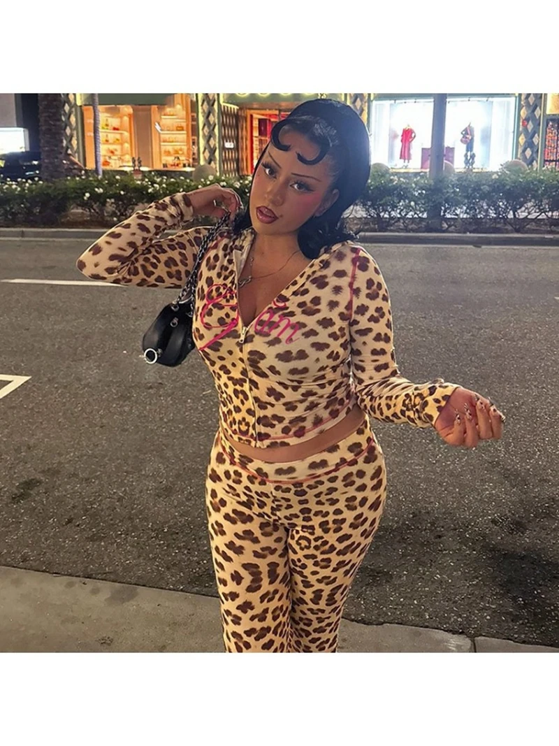 스타일리시 레이디 레오파드 레터 프린트 투피스 세트 여성용 긴팔 후드티와 바지 세트 2025 가을 스포츠 트랙수트