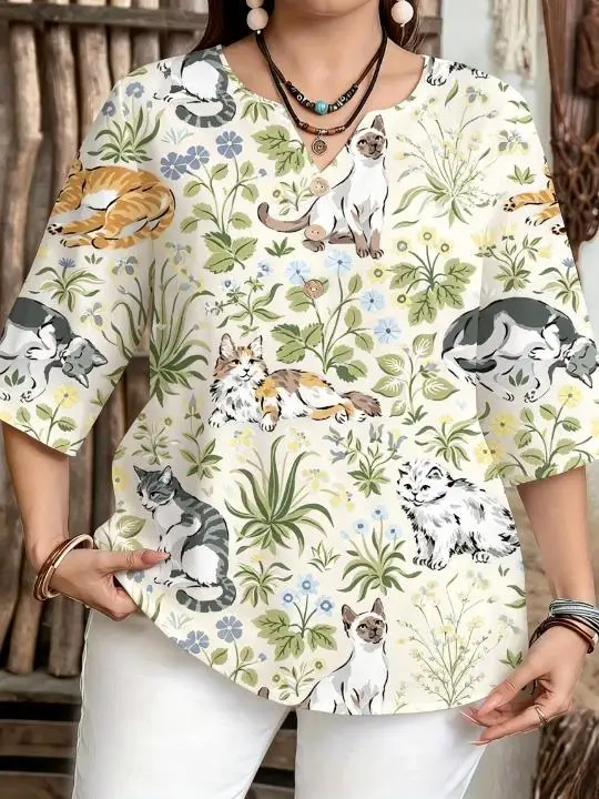 Women Cat And Botanical Floral Full Print Blouse Notched Neck 3/4 Sleeve Loose Fit For Curvy Figures Daily Casual Tops