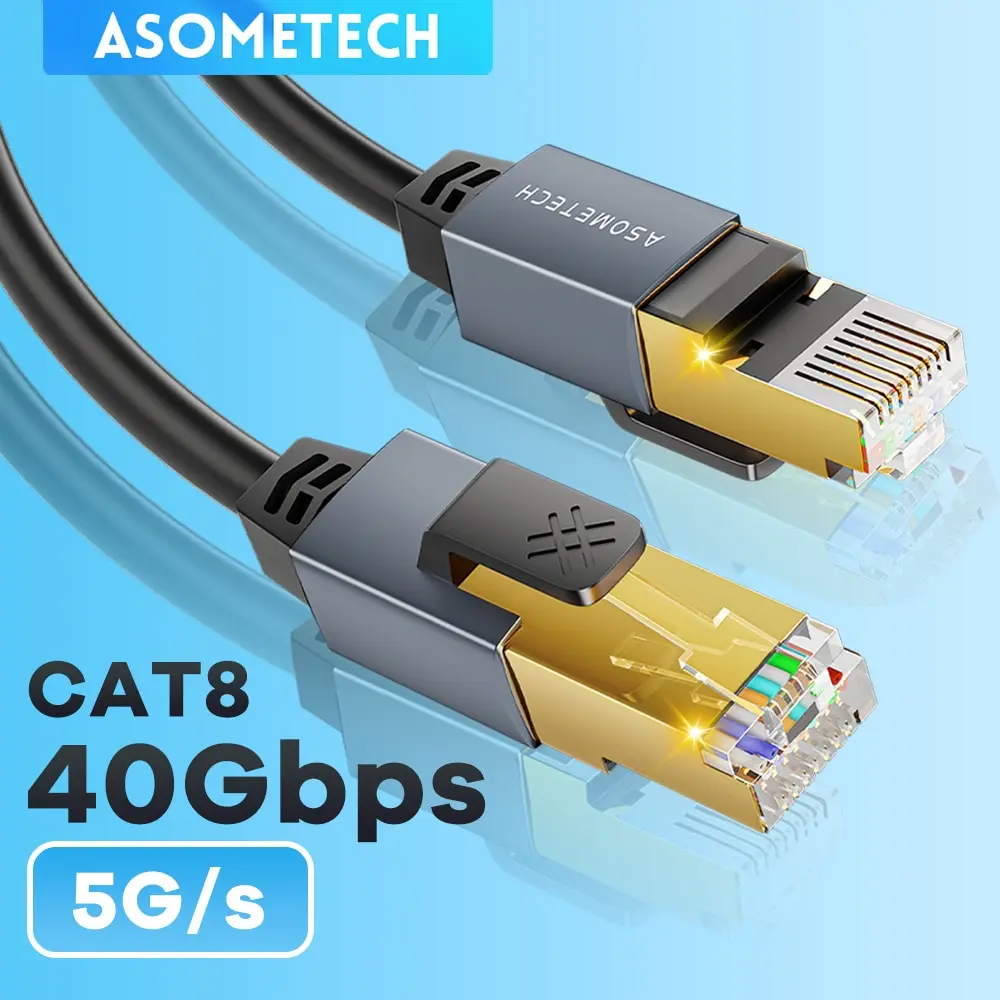 ASOMETECH Cat 8 이더넷 케이블, 원형 및 평면 고속 이더넷 케이블, 금도금 RJ45 커넥터 LAN 케이블, S/FTP, 40Gbps, 2000Mhz