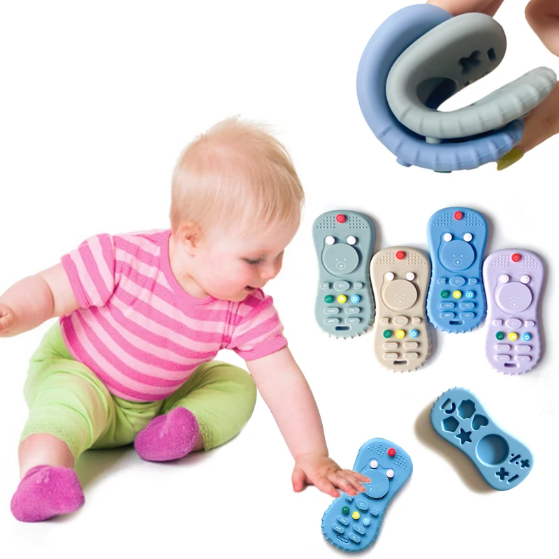 Baby Teether Cute Bear TV Remote Control Shape Silicone Teether for Rodent Gum Pain Teething Toy Kids Sensory Educational Toy